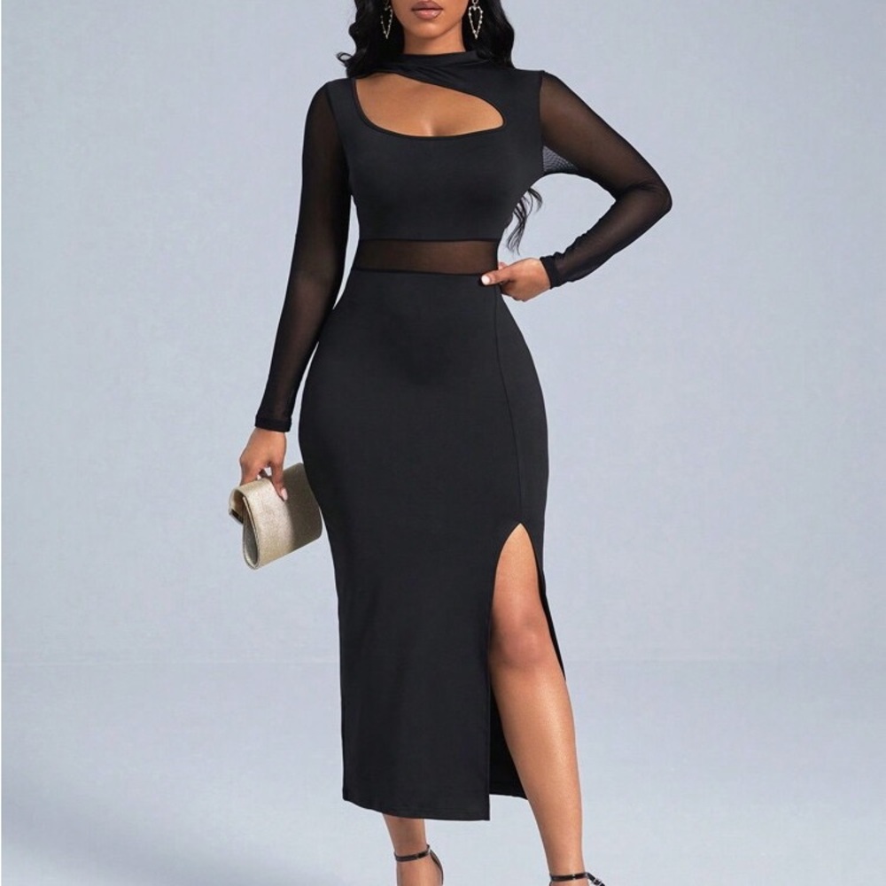 Black Sheer Sleeve Midi Dress